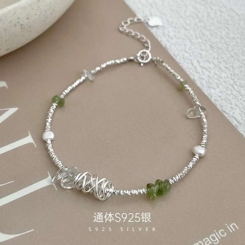 榕树下S925银橄榄石碎银子手链女夏季小众设计显气质水晶珍珠手饰