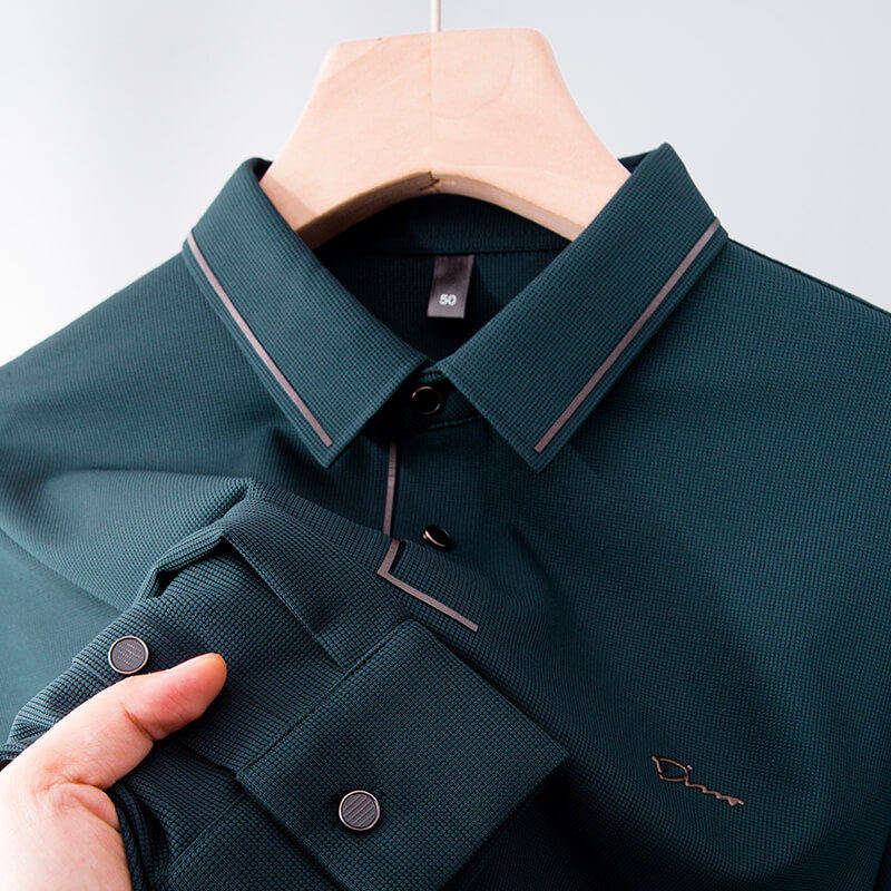 男士POLO衫长袖t恤中年爸爸春秋装冰丝衬衣领衬衣薄款40岁50土丅