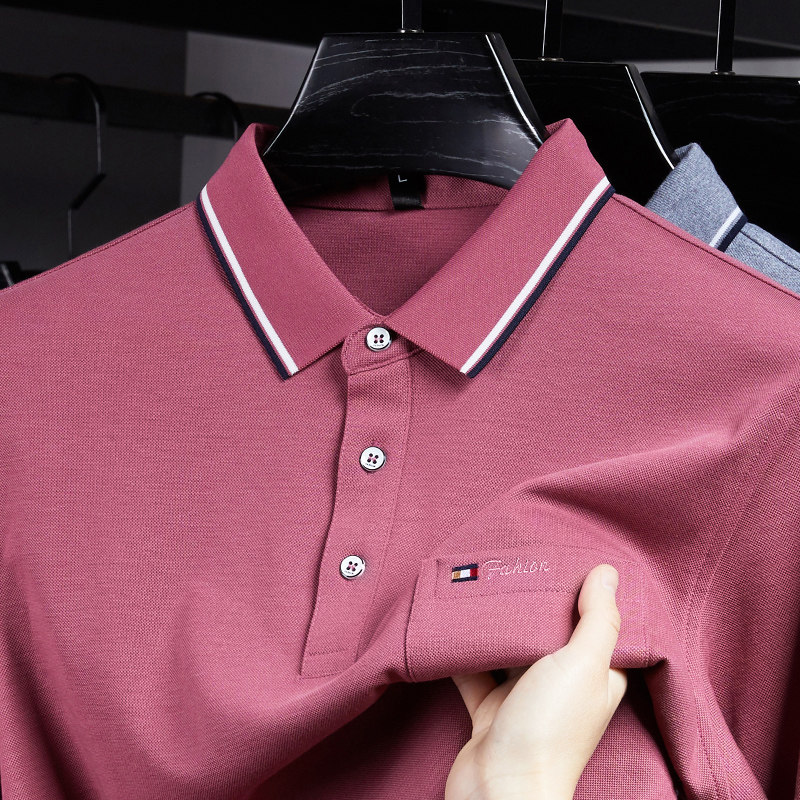 粉色显年轻~男士春秋季长袖POLO衫上衣服中年爸爸装翻领真口袋T恤