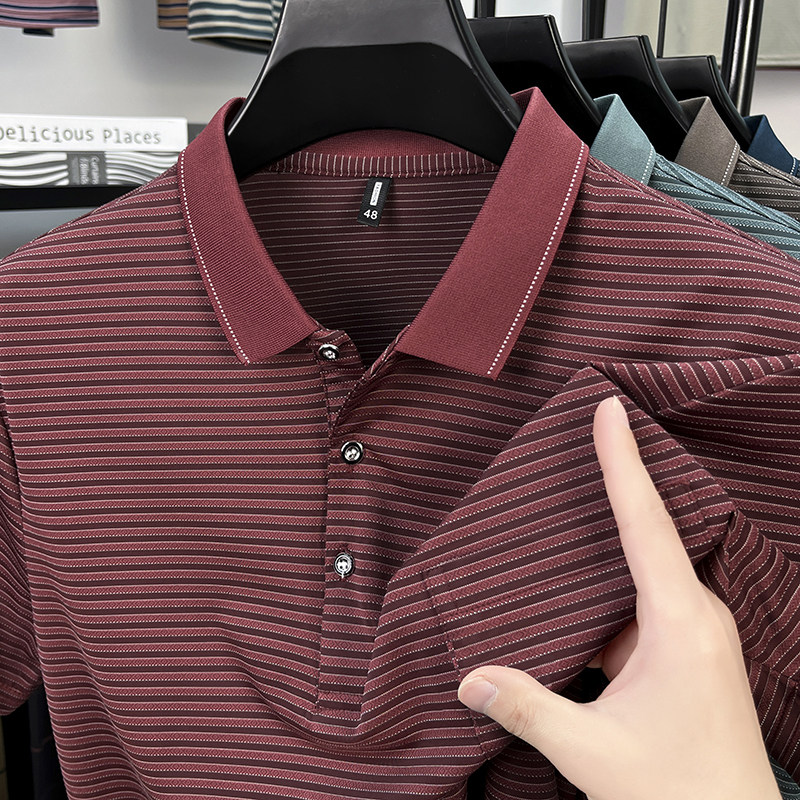 男士夏季红色短袖polo衫中年爸爸装冰丝凉感条纹翻领t恤婚宴上衣