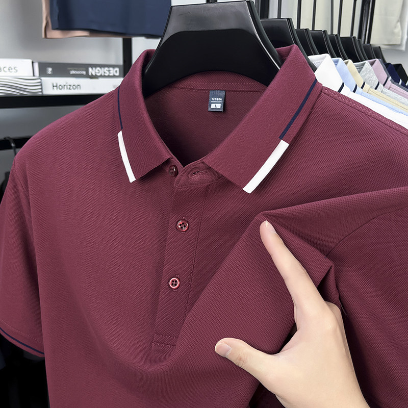 男士新款红色冰丝条纹短袖T恤爸爸夏装翻领婚礼婚宴polo衫上衣服