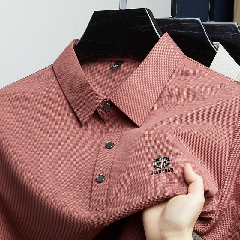 中年男士夏季新款红色短袖t恤爸爸装冰丝polo衫无痕凉感婚宴上衣