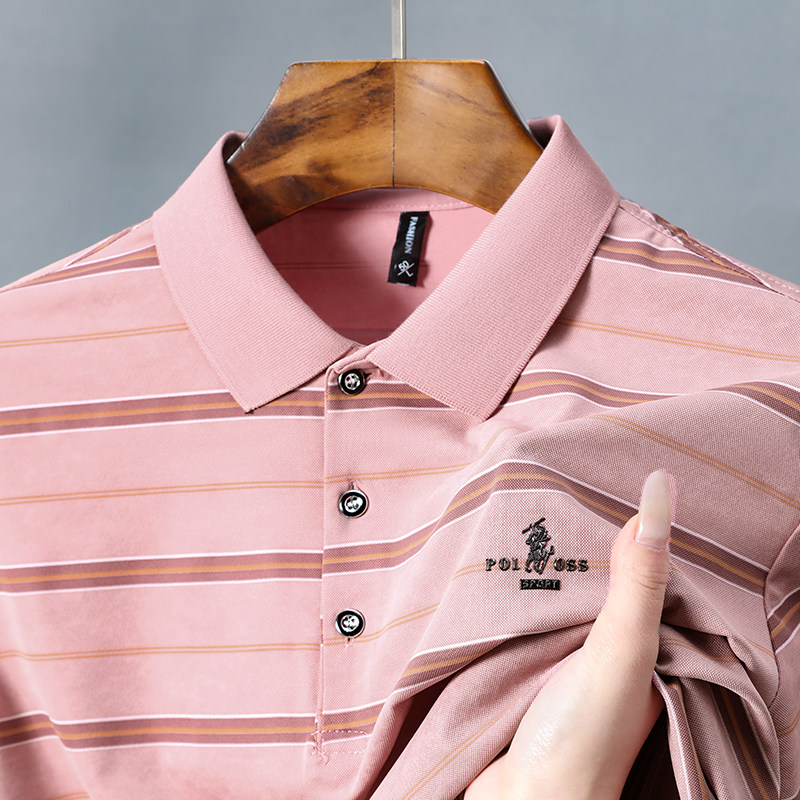 男士夏季新款红色条纹短袖T恤中年爸爸装婚宴婚礼冰丝polo衫上衣