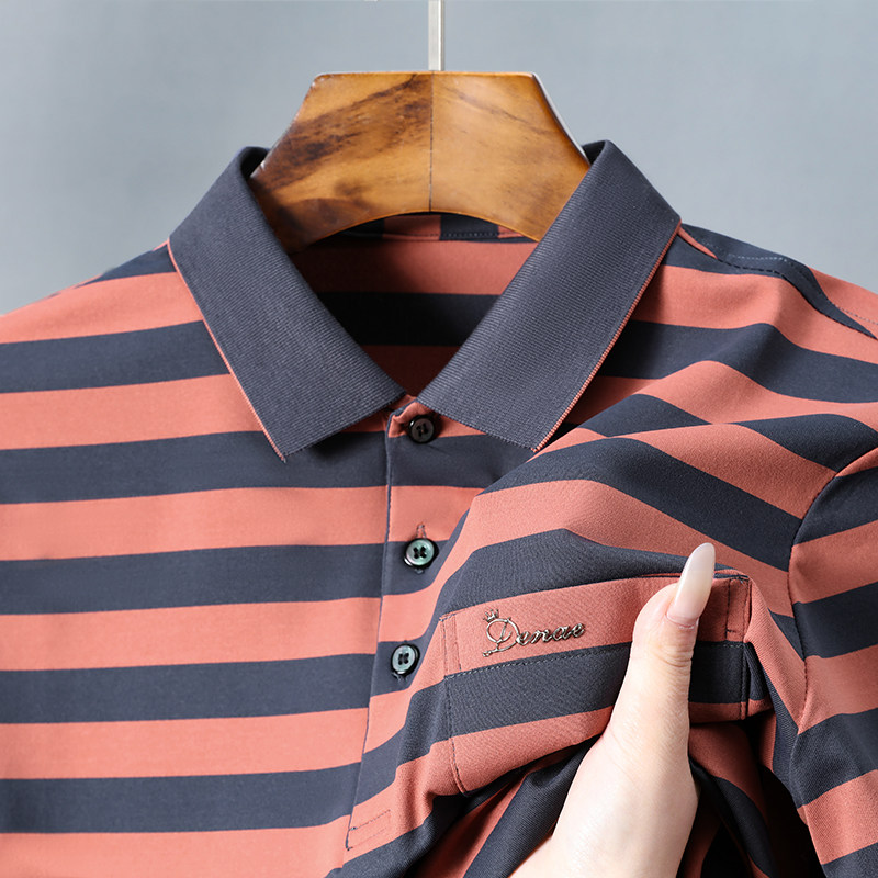 真口袋~男士夏季红色polo衫短袖t恤爸爸装婚宴冰丝翻领条纹上衣服