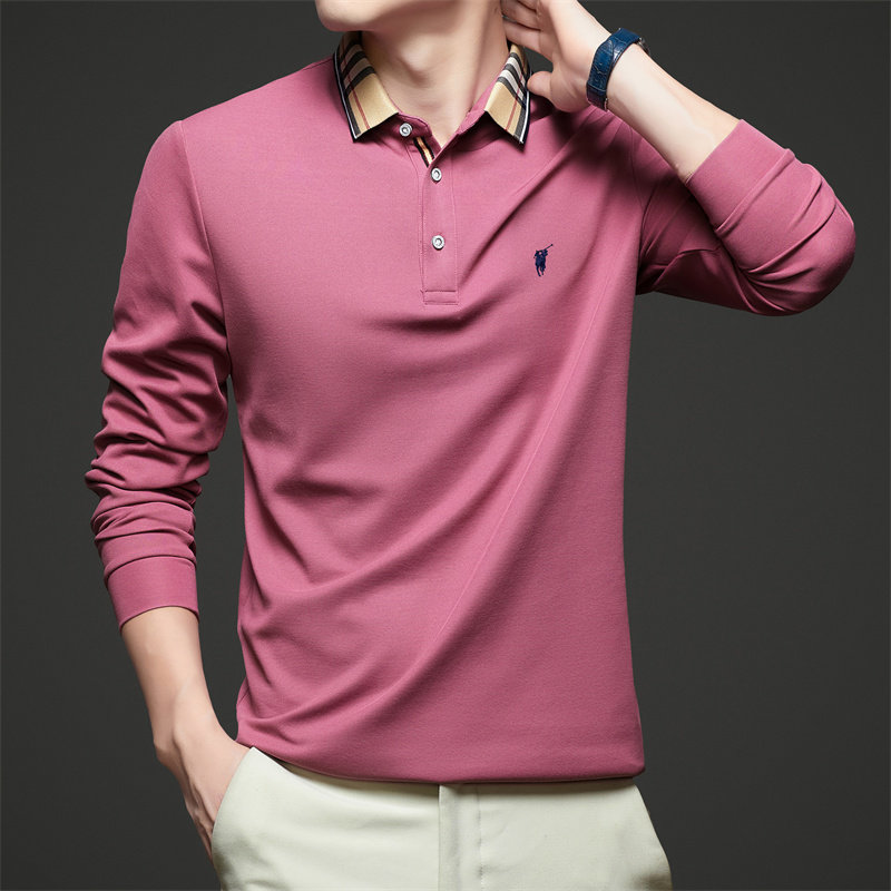 男士春秋季翻领polo衫红色长袖T恤爸爸装婚宴结婚本命年刺绣上衣