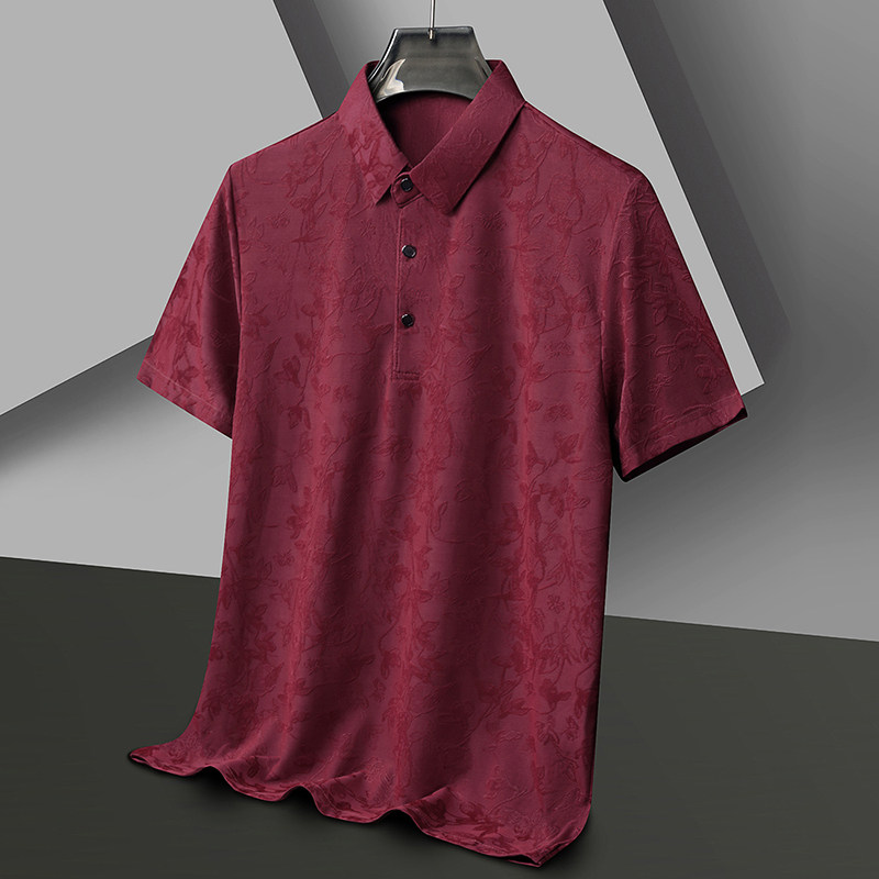男士夏季新款酒红冰丝短袖T恤中年爸爸装本命年结婚宴polo衫上衣