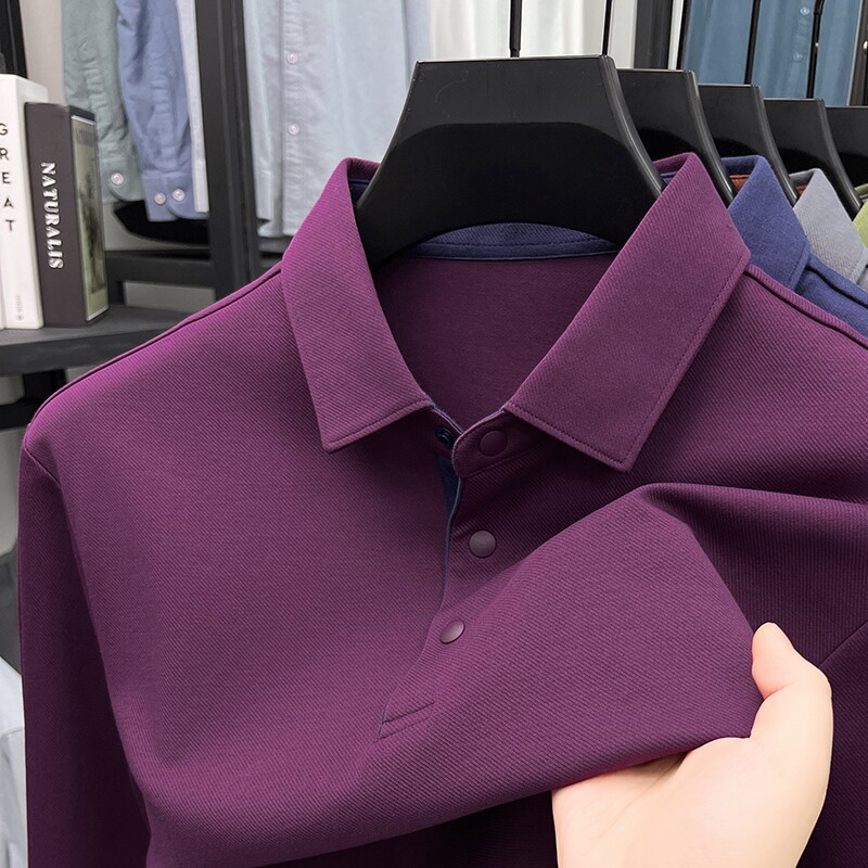 轻奢男士春秋季新款长袖T恤翻有带领中年爸爸装纯色休闲上衣秋衣