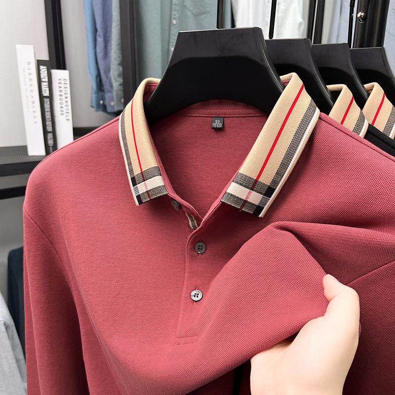 男士2025春秋季新款桔红色长袖t恤纯棉翻领本命年纯色POLO衫上衣