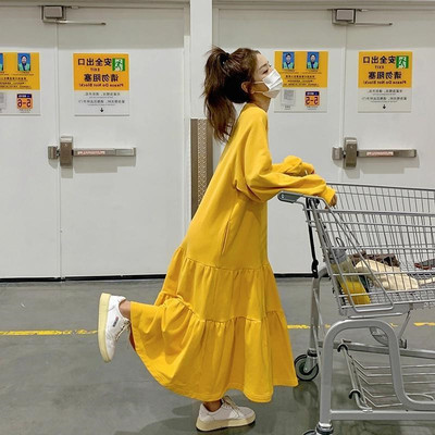 大码荷叶边过膝A字长袖连衣裙女