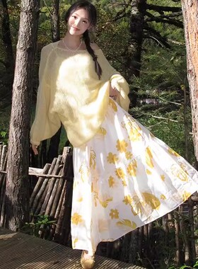 大码女装胖mm2-300斤时尚两件套黄色针织毛衣半身连衣裙套装春秋