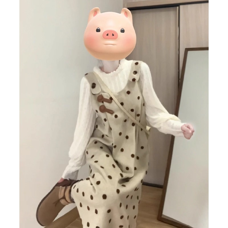 波点背带连衣裙打底衫两件套装女