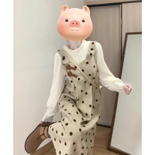 大码胖mm300斤秋冬季韩系甜美波点背带连衣裙内搭打底衫两件套装