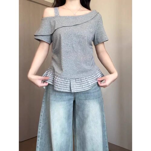 温柔风斜肩格子拼接短袖T恤女士