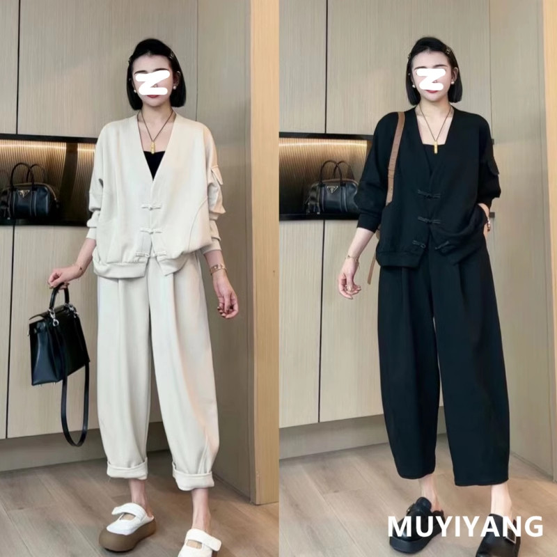 300斤国风盘扣蝙蝠袖开衫灯笼裤两件套春秋款大码胖妹妹休闲套装