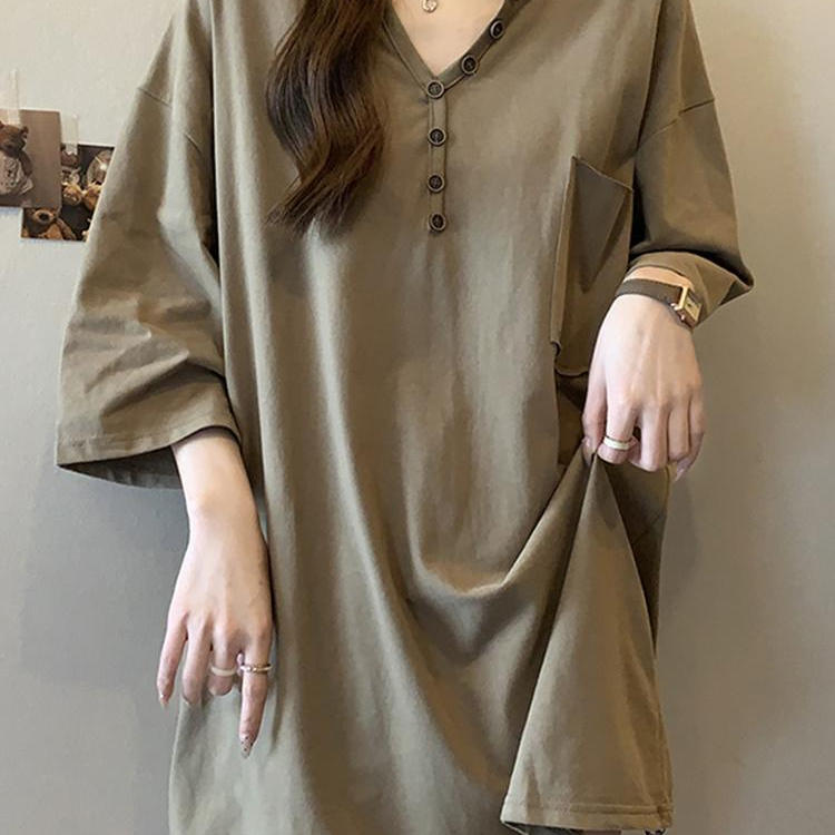 大码中长款v领短袖t恤女夏季胖mm