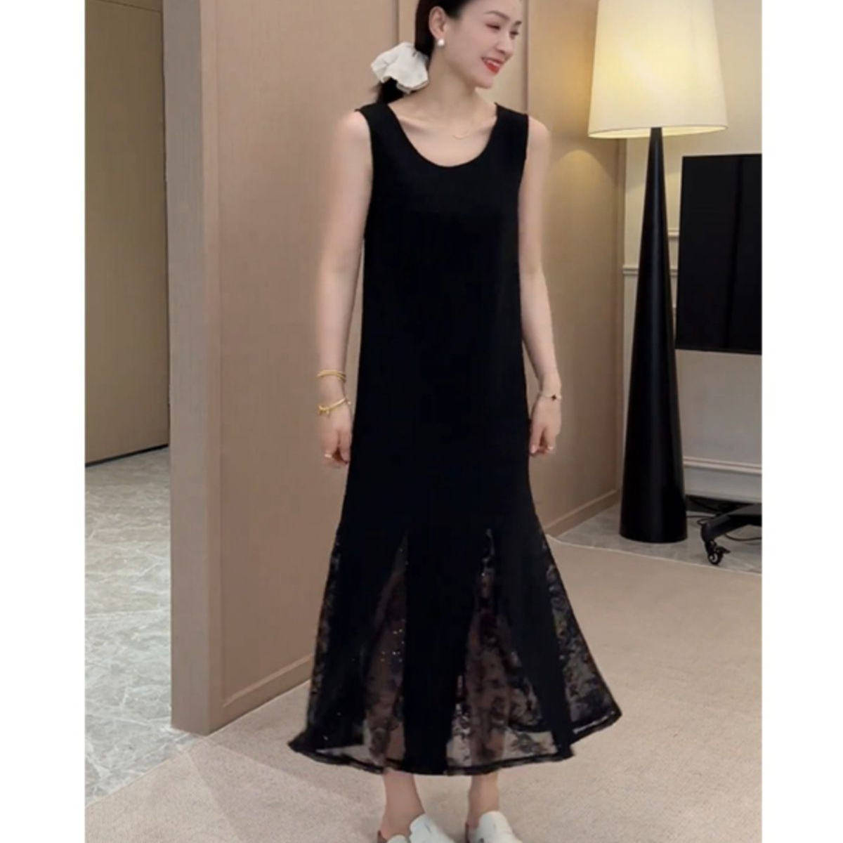 大码300斤复古黑色连衣裙女夏季