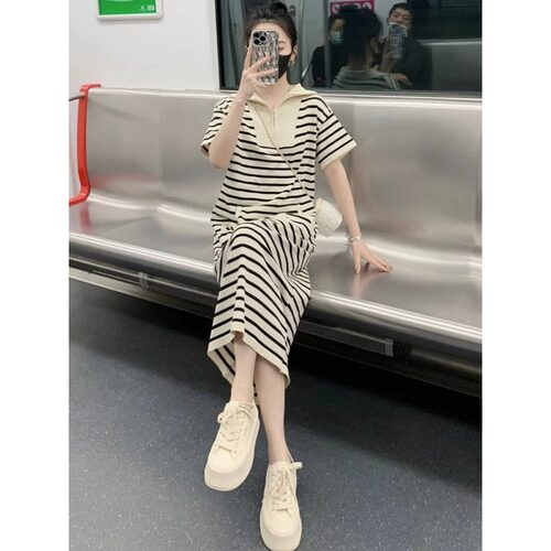 大码polo领条纹连衣裙女夏季长裙