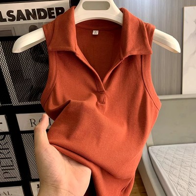 复古红色polo衫v领小背心女夏季