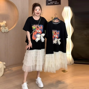 拼接假两件连衣裙夏季 300斤大码 胖mm显瘦宽松遮肚子网纱正肩裙子