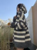 大码 针织上衣 300斤条纹撞色连帽毛衣女秋冬胖mm慵懒风宽松中长款