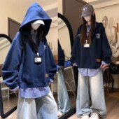 大码 学院风拼接格子衬衫 假两件连帽卫衣女秋冬胖mm300斤外套上衣