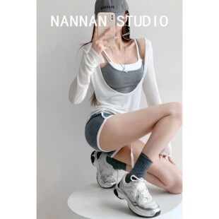 大码胖mm300斤纯欲辣妹休闲运动套装吊带背心+长袖防晒罩衫+短裤