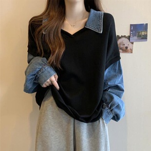 设计感牛仔拼接V领长袖 微胖mm300斤显瘦假两件上衣 卫衣女春秋大码