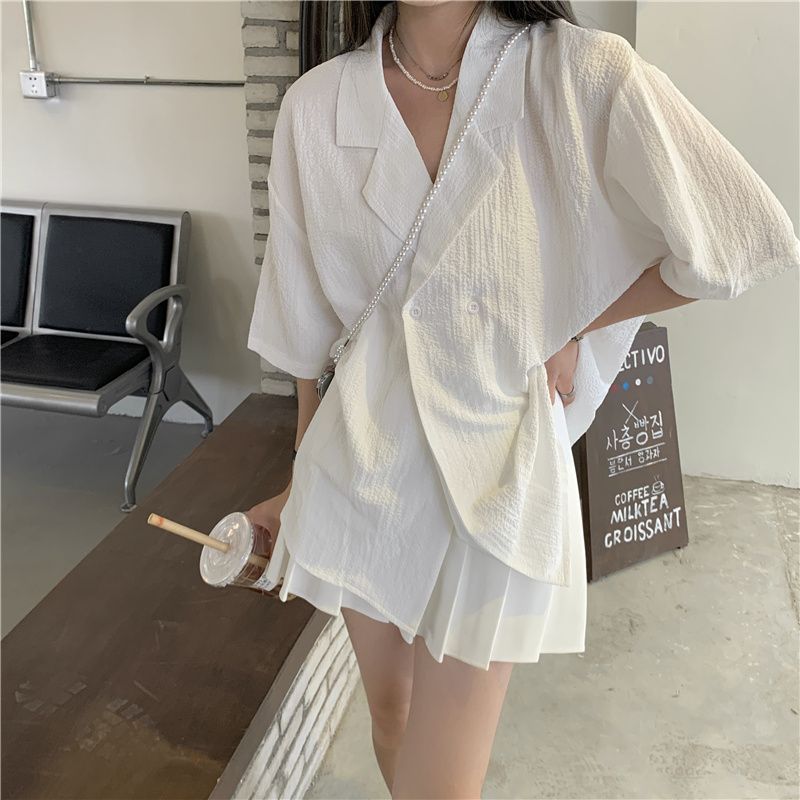 设计感褶皱短袖衬衫女开衫衬衣