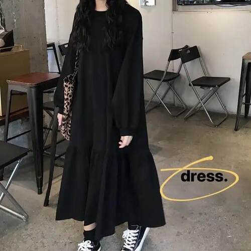 长袖连衣裙秋冬ins长款过膝裙子