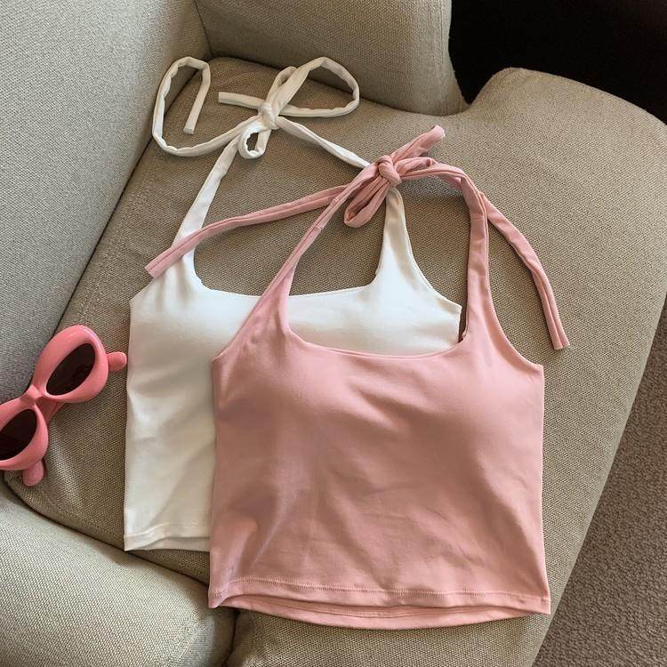 胖mm300斤大码纯欲辣妹挂脖吊带背心女夏季绑带设计感带胸垫上衣