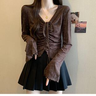 T恤春秋季 胖mm300斤美拉德咖色喇叭袖 高级感显瘦chic上衣 女装 大码
