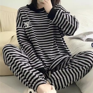 宽松休闲女睡衣家居服胖mm2 条纹运动套装 300斤 两件套春秋季 大码