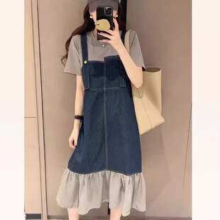 假两件牛仔拼接连衣裙女欧洲站夏季 300斤大码 中长款 背带裙 胖mm2
