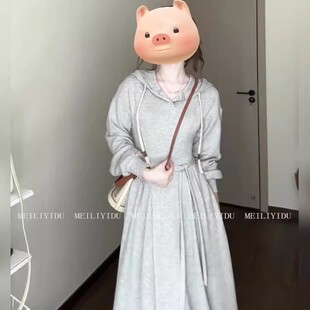 胖mm300斤大码 连帽卫衣连衣裙女设计感褶皱收腰显瘦长裙 灰色长袖