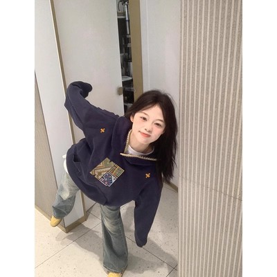 大码秋冬藏青色复古刺绣连帽卫衣