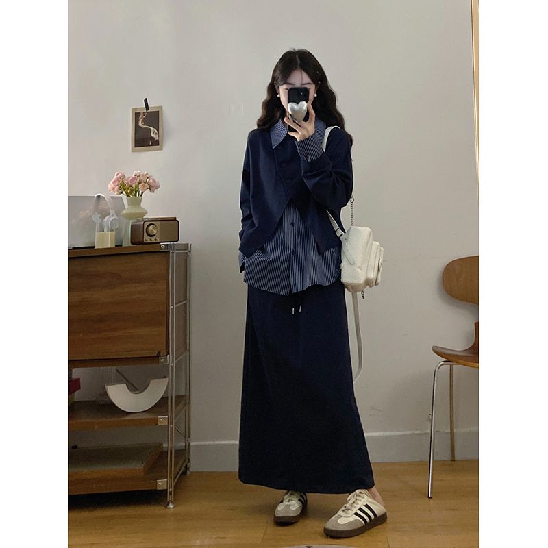 不规则衬衫拼接卫衣半身裙两件套