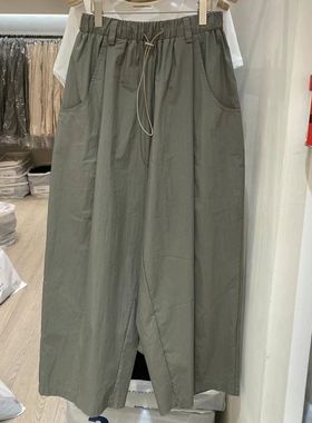 大码韩版设计感军绿色松紧腰系绳工装裤女胖mm300斤宽松显瘦裤子
