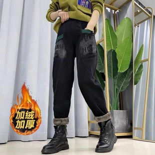 子女 外穿哈伦直筒老爹裤 加绒加厚牛仔裤 女秋冬胖mm300斤高腰大码