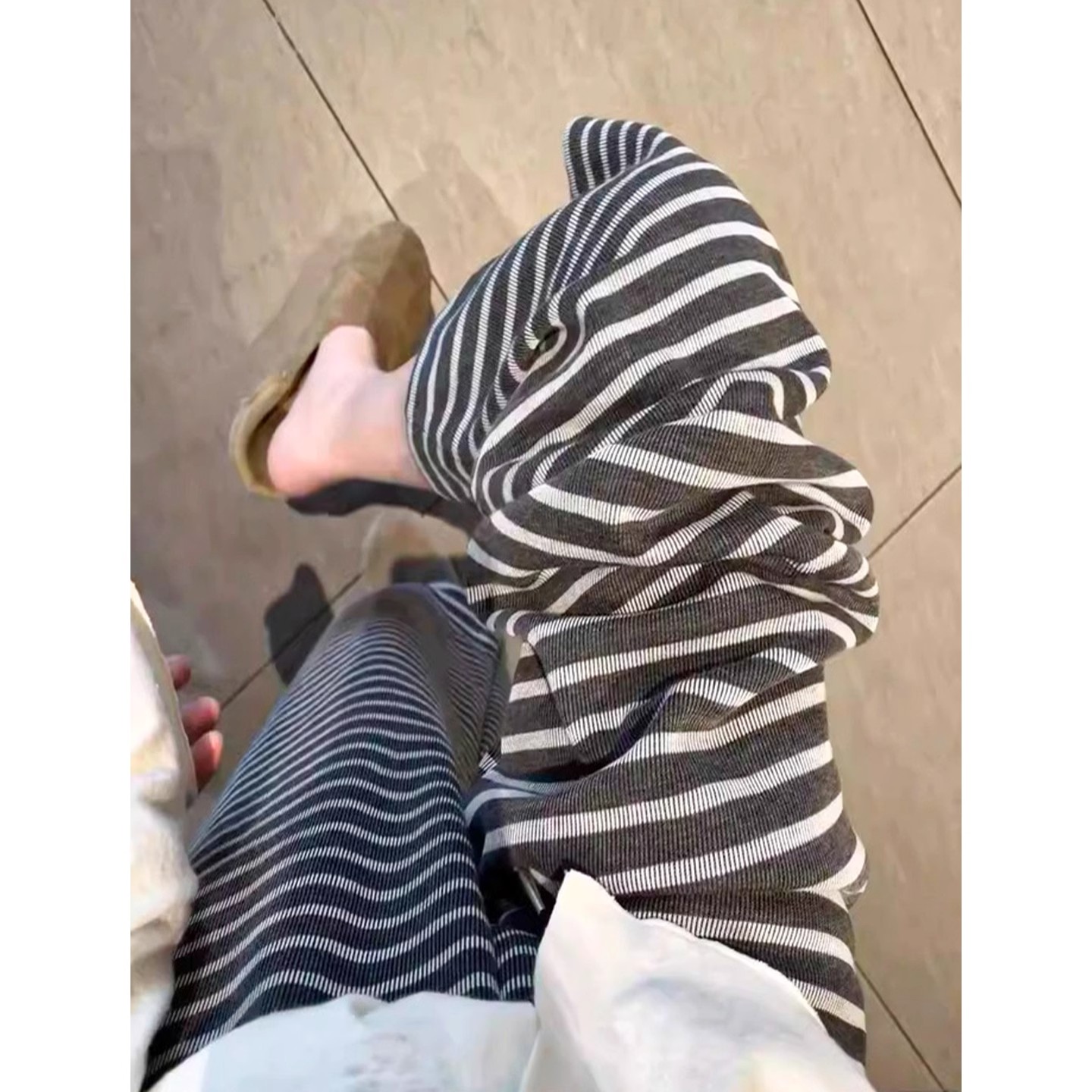 大码日系慵懒条纹休闲阔腿裤女士