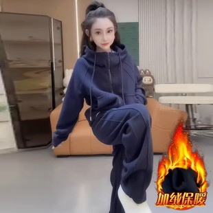 胖mm300斤休闲套装 大码 女秋冬季 套装 欧货加绒加厚卫衣宽松阔腿裤