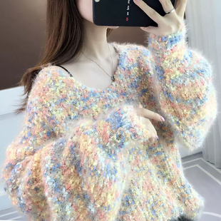 大码胖mm300斤秋冬V领套头加厚粗线毛衣女慵懒风短款宽松上衣外穿