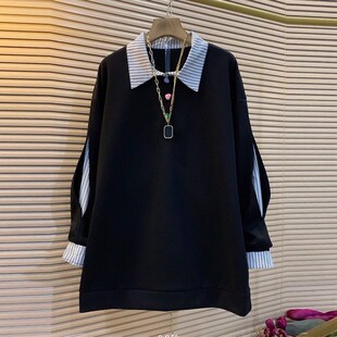 300斤春秋季时尚减龄条纹拼接设计感微胖MM大码宽松显瘦中长卫衣