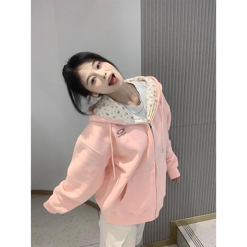 大码粉色碎花连帽卫衣外套女秋冬