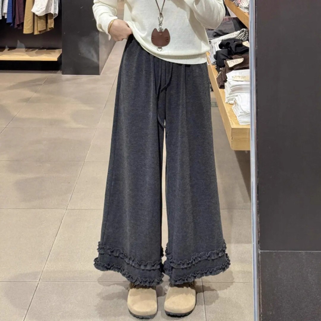 大码韩系慵懒木耳边糯米裤女春秋