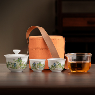 旅行茶具套装陶瓷快客杯文创茶杯盖碗便携式泡茶一壶两杯户外露营