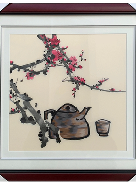 苏秀天地手工苏绣刺绣梅花茶壶书房玄关茶室中式简约装饰苏绣壁画