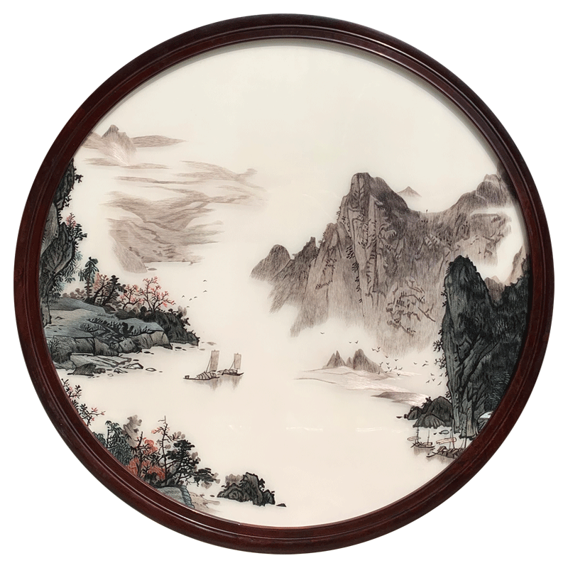 手工苏绣刺绣古山水圆形红木外框书房办公室玄关卧室床头挂画苏绣