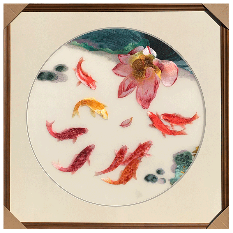 苏秀天地非遗纯手工苏绣刺绣成品挂画荷花九鱼客厅餐厅玄关装饰画