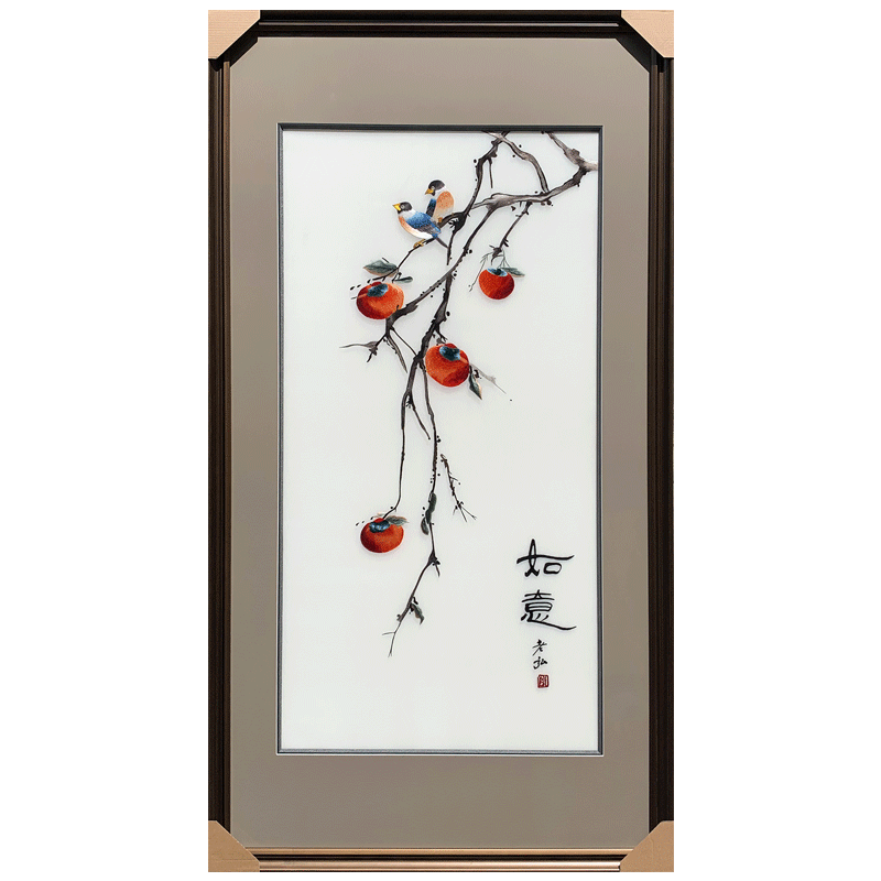 苏秀天地非遗纯手工精工苏州刺绣成品装饰壁画柿子事事如意花鸟