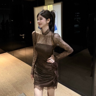 FAY【琥珀】秋冬新款半高领蕾丝高级感镂空修身显瘦女透视连衣裙